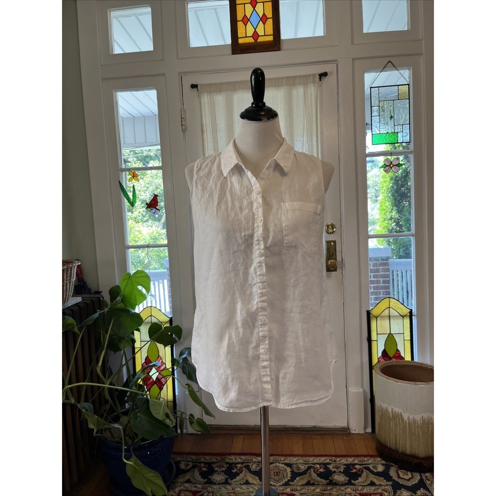 Nordstrom Signature 100% Linen M Button Down Tank Shirt White Classic Pocket